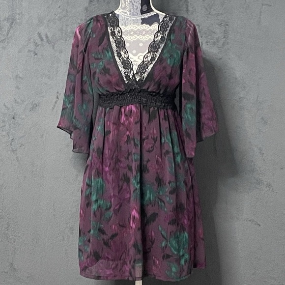 Angie Babydoll Mini Dress Women M Purple Black Lace Bell Sleeve Whimsigoth Fairy - Picture 1 of 7